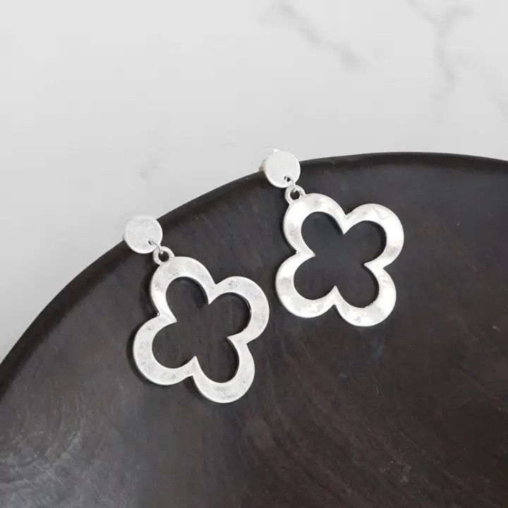 Clover Hammered Distressed Drop Earrings, Silver Tone