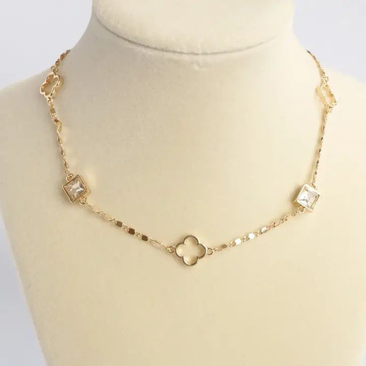 Clover Station Dainty Short Necklace w/ Crystals, Gold Tone