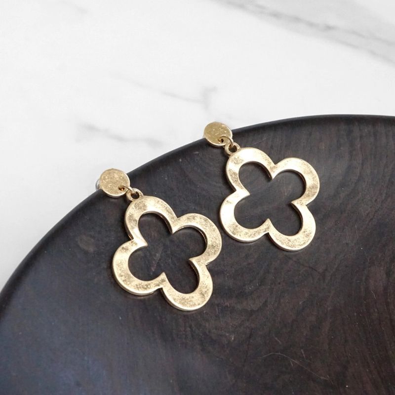 Clover Hammered Distressed Drop Earrings, Gold Tone