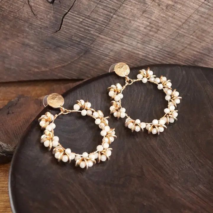 Floral Wreath Glass Bead Statement Earrings, Cream &amp; Gold