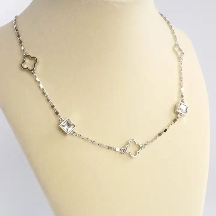 Clover Station Dainty Short Necklace w/ Crystals, Silver Tone