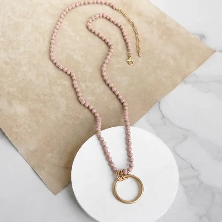 Long Wooden Bead Necklace w/ Gold Circle Ring, Pink