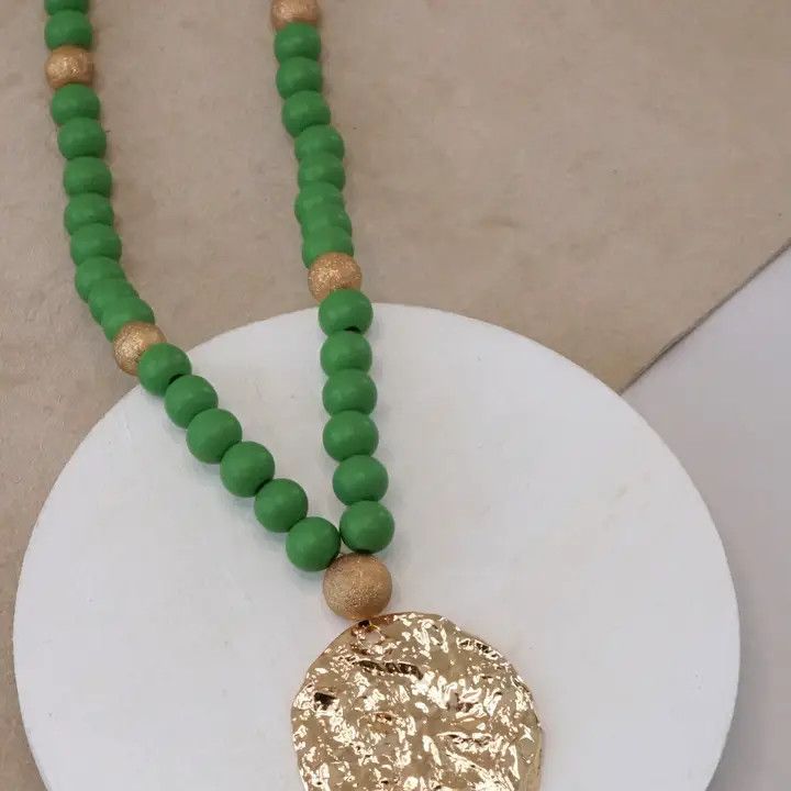 Long Wooden Bead Necklace w/Gold Coin, Green