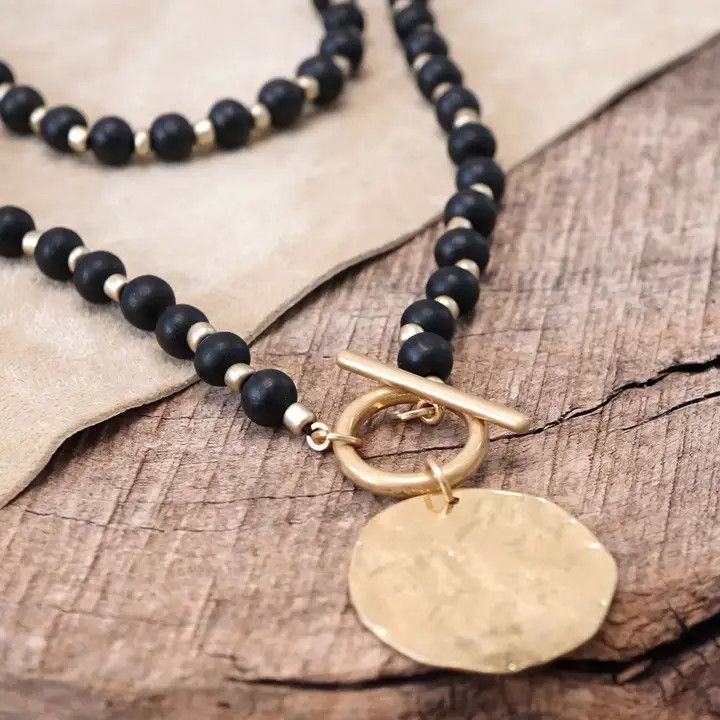 Multi Strand Wooden Beads Short Coin Necklace, Black &amp; Gold