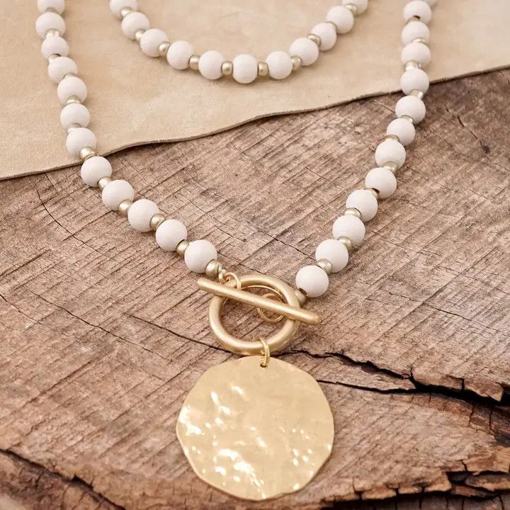 Multi Strand Wooden Beads Short Coin Necklace, Cream &amp; Gold