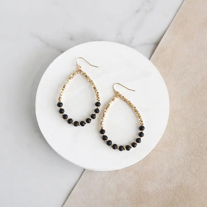Natural Wood &amp; Gold Beaded Teardrop Hoop Earrings, Black