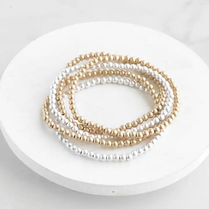 Small Ball Beads Bracelet Stack of 5 Bracelets, Gold Silver
