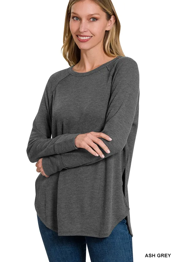 Melange Baby Waffle Long Sleeve Top, Color: Ash Grey, Size: S