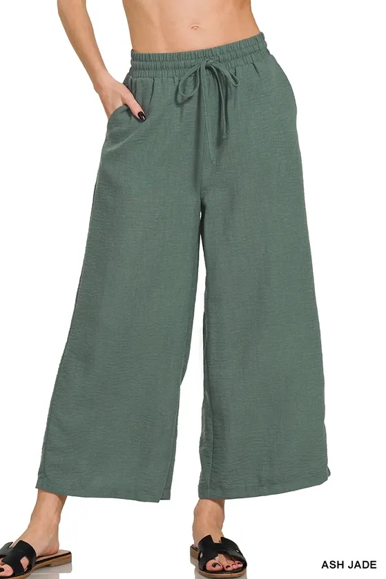 Drawstring Elasticband Waist Wide Pants w/ Pockets, Color: Ash Jade, Size: S