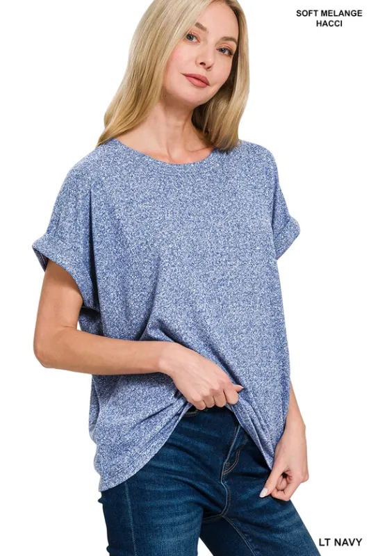 Soft Melange Folded Sleeve Round Neck Top