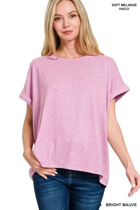 Soft Melange Folded Sleeve Round Neck Top, Color: Bright Mauve, Size: S
