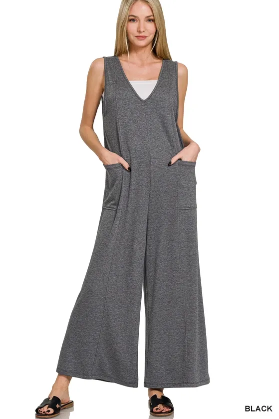 French Terry Deep V Neck Jumpsuit w/ Pockets