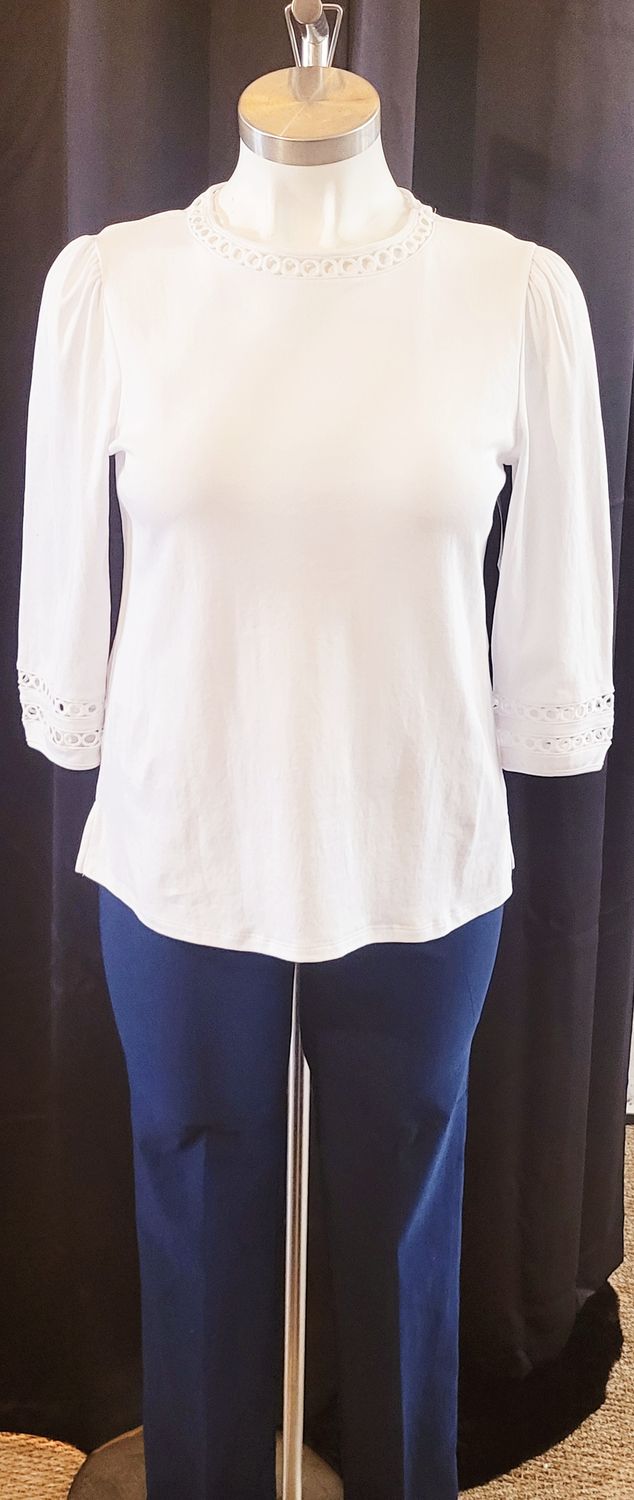 Marilyn LS Lace Trim Solid Blouse, White