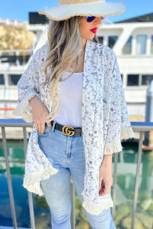 Printed Kimono Cardigan w/ Tassel Trim, Ivory Floral