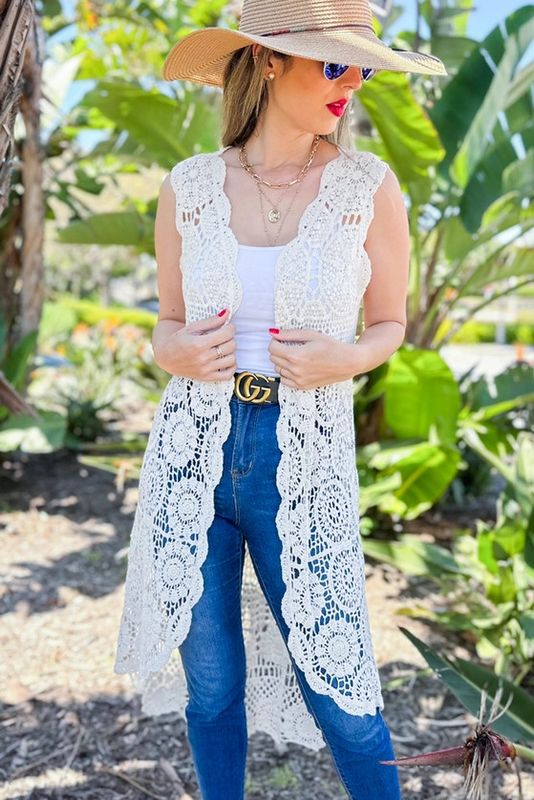 Printed Maxi Crochet Vest Kimono, Ivory Floral