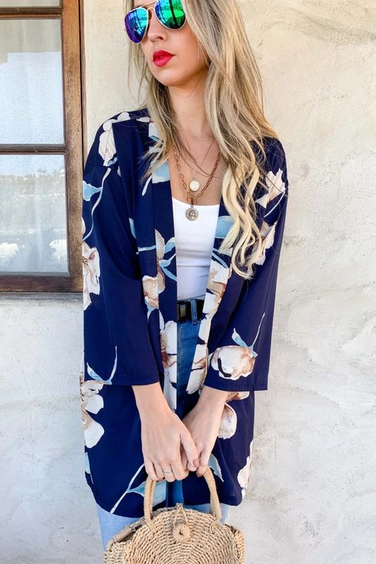 Printed Kimono Cardigan w/ Belt, Navy Floral