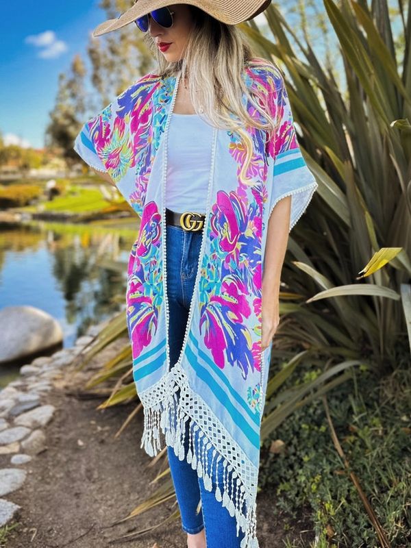 Print Lace Detail Tassel Bottom Kimono, White Multi Floral