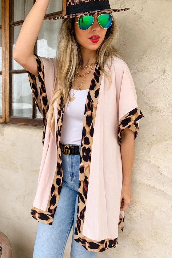 Solid Leopard Trim Detail Kimono Cardigan, Nude