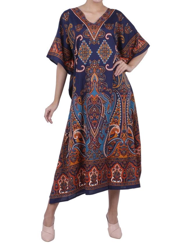 Hand Embroidered Summer Maxi Dress Kaftan, Blue Multi