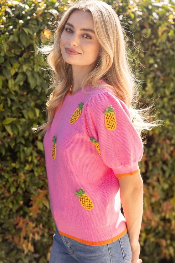 Pineapple Embroidered Short Puff Sleeve Knit Top