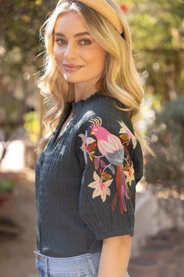 Bird Embroidery Sleeve Smocked Neck Top