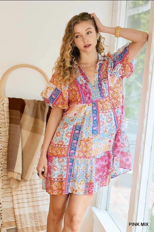 Patchwork Print Smocked Mini Dress