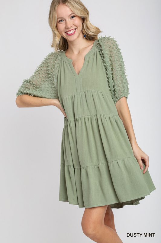 Linen Tiered A-Line Split Neck Dress