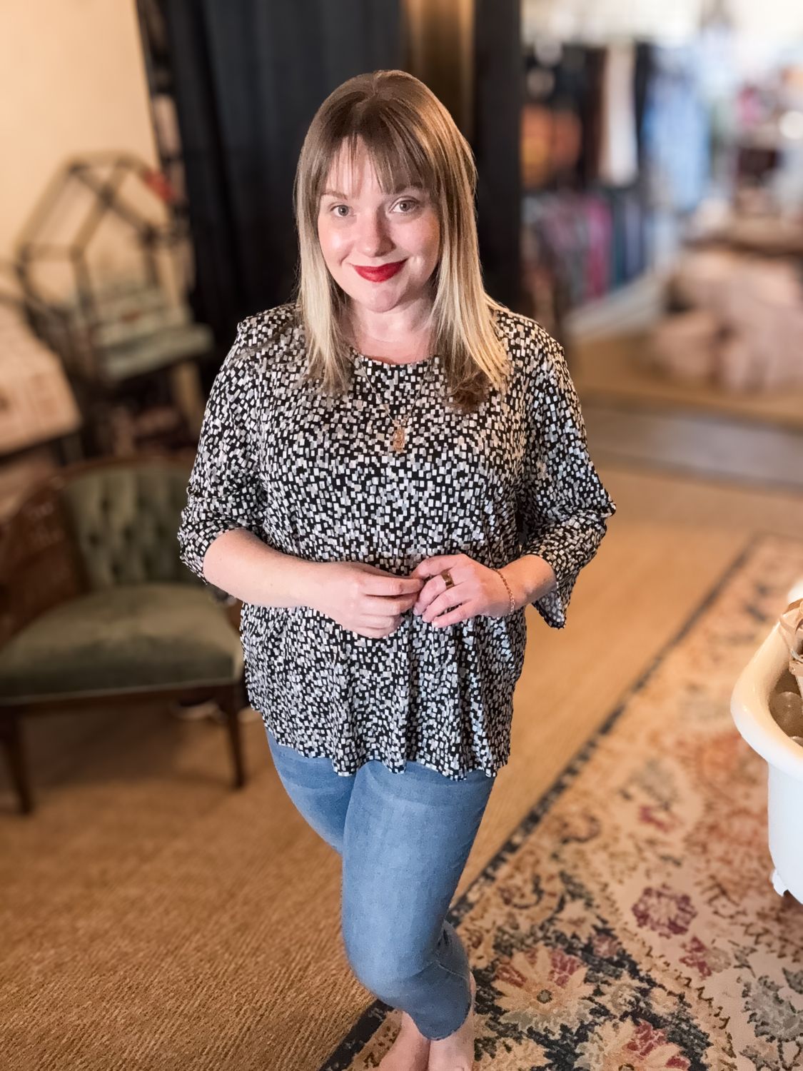 3/4 Slv Print Top, Black Neutral