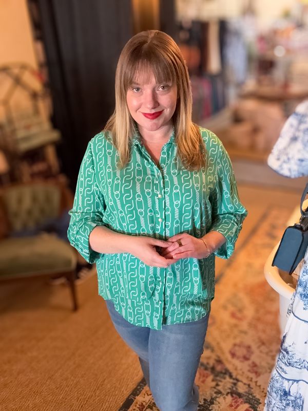 3/4 Slv Collared Printed Top, Green White Chain
