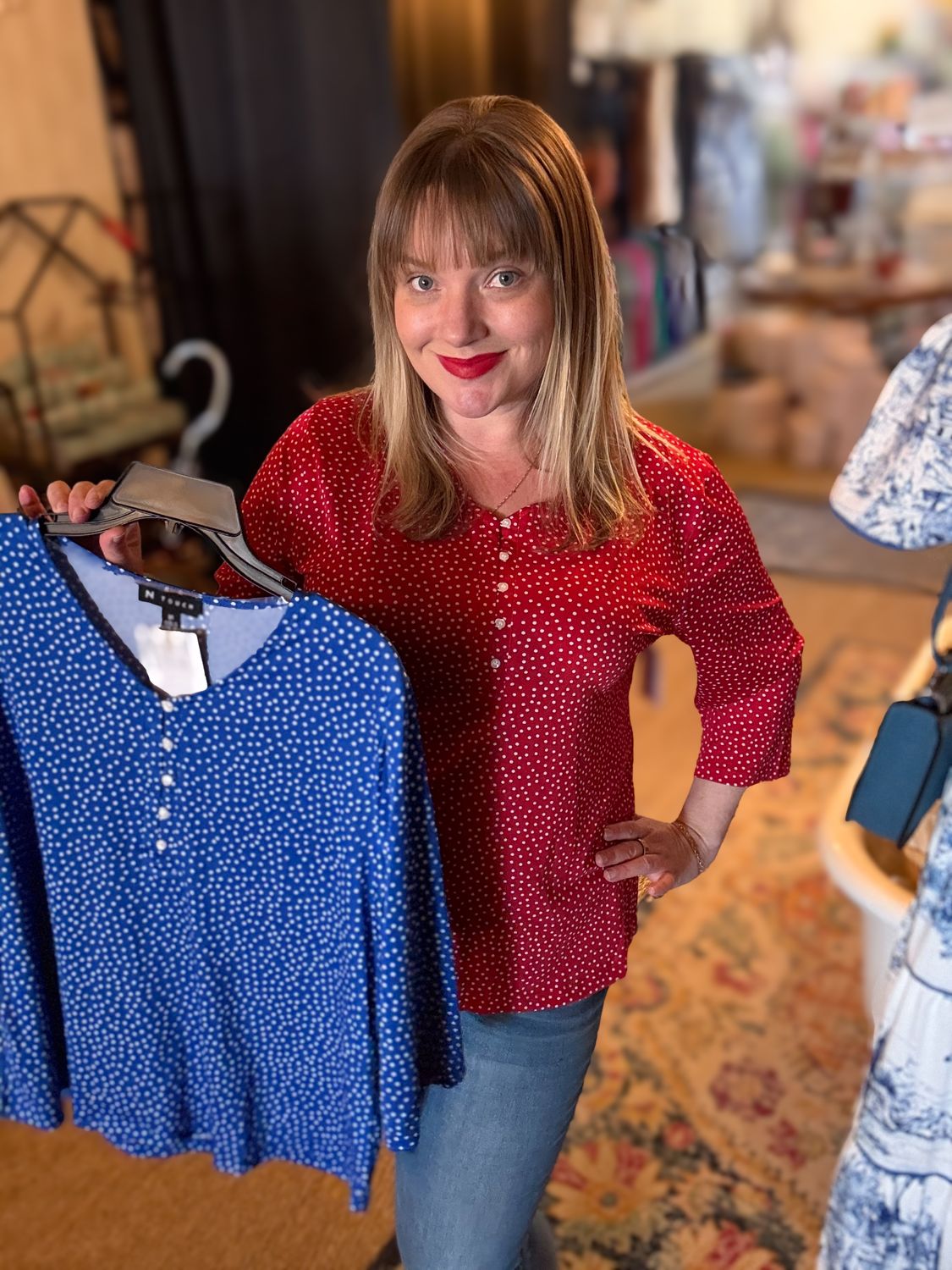 LS Solid Button Down Blouse W/ Print
