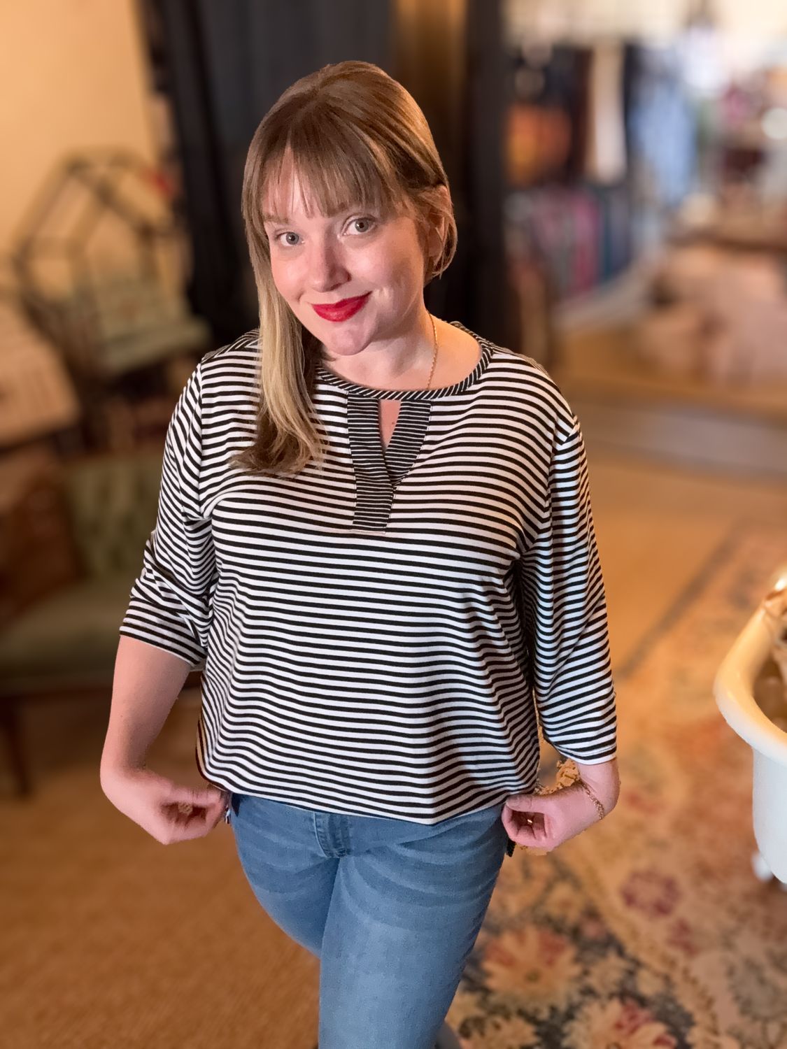 3/4 Slv Stripe Top, Black/White