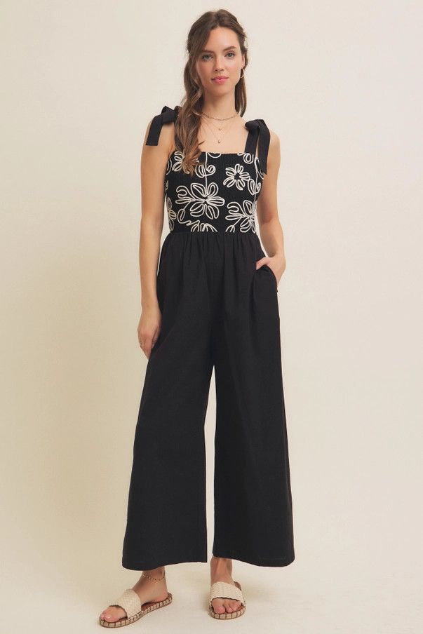 Embroidery Wide-Leg Jumpsuit w/ Shoulder Tie
