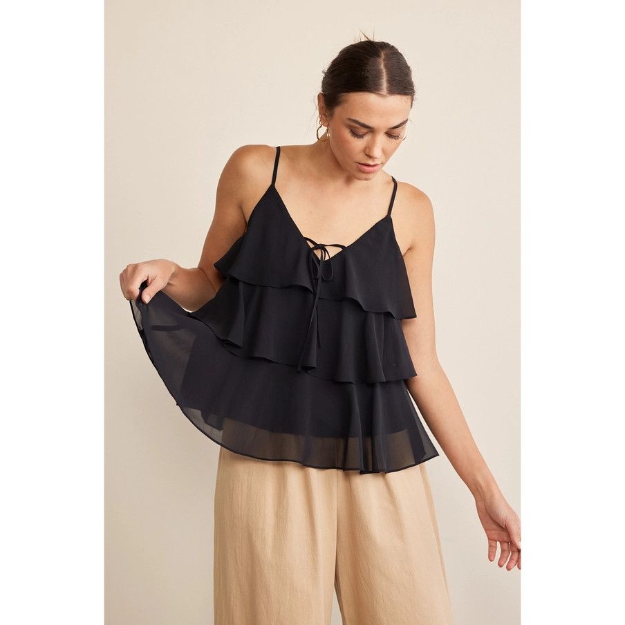 Chiffon Ruffled V-Neck Blouse Top with Ribbon