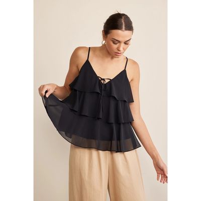 Chiffon Ruffled V-Neck Blouse Top with Ribbon
