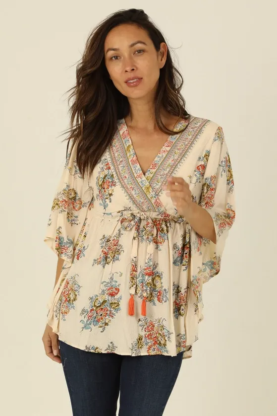 V Neck Tassel Tie Kaftan Blouse