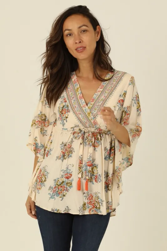 V Neck Tassel Tie Kaftan Blouse