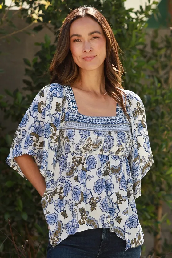 Printed Short Sleeve Top w/ Smocking