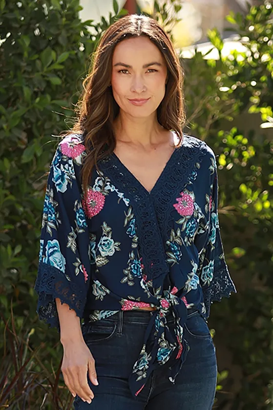 Printed Tie Front Top w/ Lace Trim
