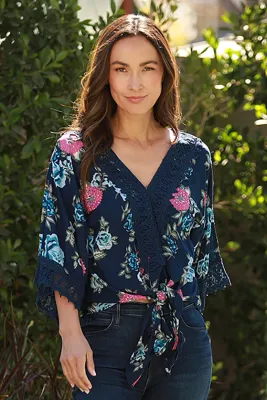 Printed Tie Front Top w/ Lace Trim