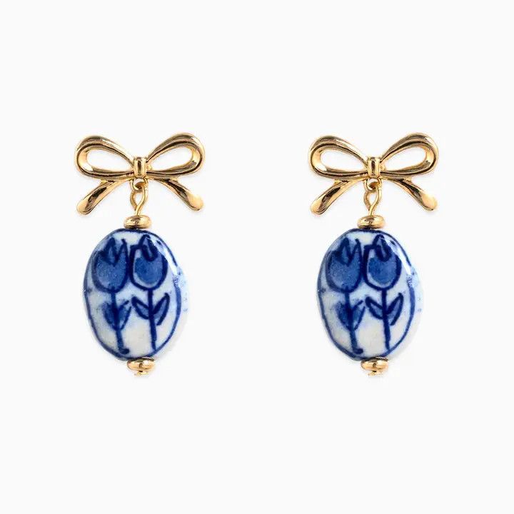 Earrings, Color: Bow Drop Blue Tulip Ceramic