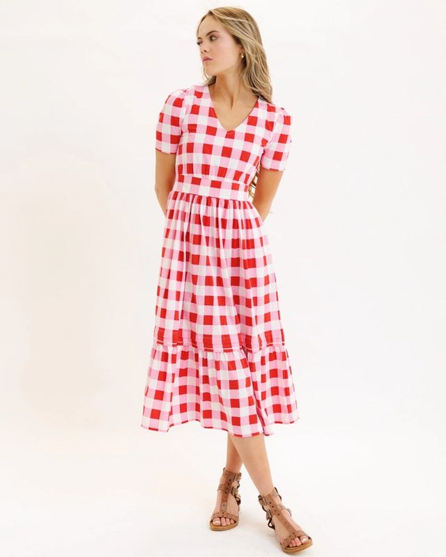 Plaid Short Sleeve V-Neck Midi Summer Dress