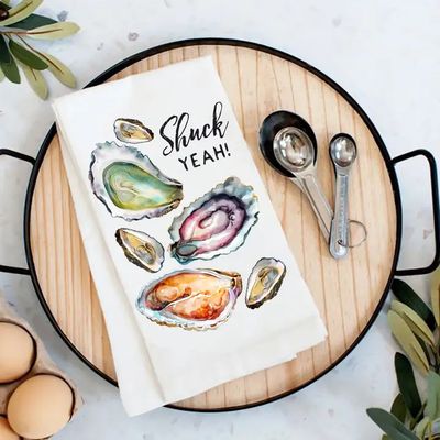 Oysters Shuck Yeah Coastal Beach Flour Sack Tea Towel