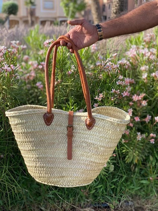 Handwoven Moroccan Straw Tote Bag w/ Leather Handles