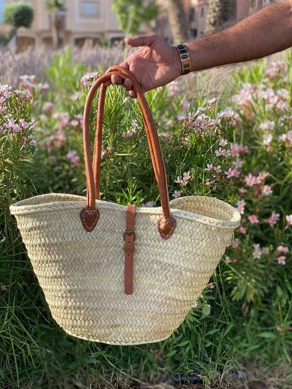 Handwoven Moroccan Straw Tote Bag w/ Leather Handles