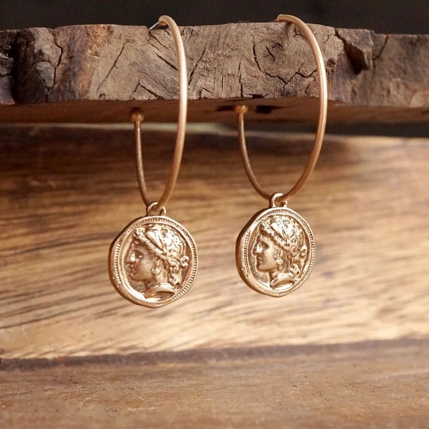Boho Hoop Earrings/Small Coin/ Worn Gold