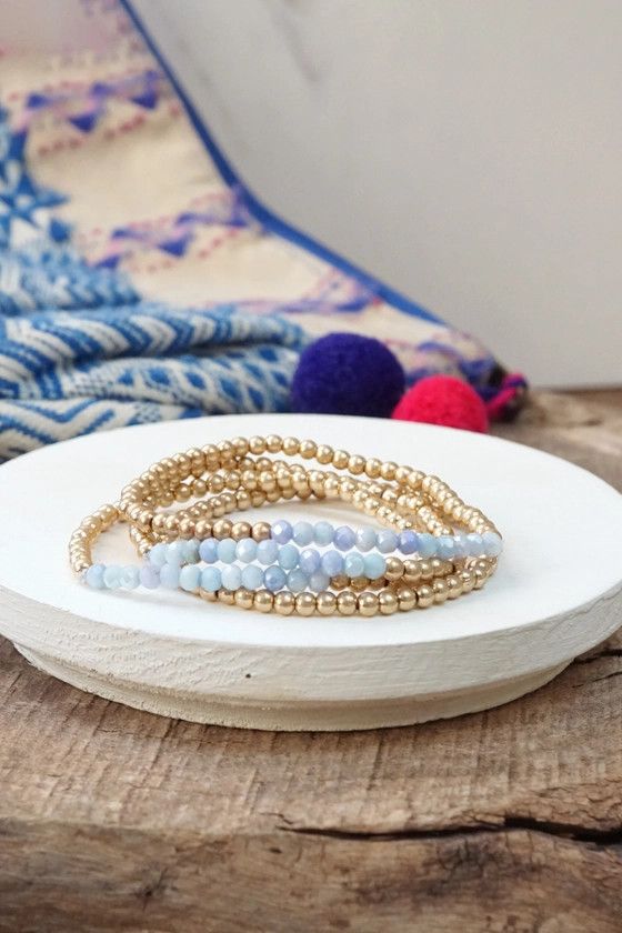 Bracelet Stack/Small Worn Gold Glass Beads/Denim