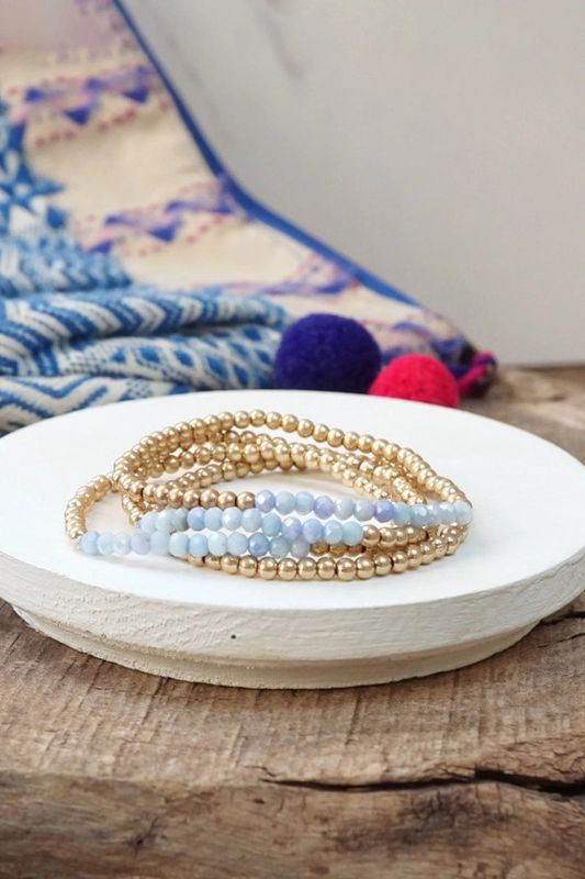 Bracelet Stack/Small Worn Gold Glass Beads/Denim