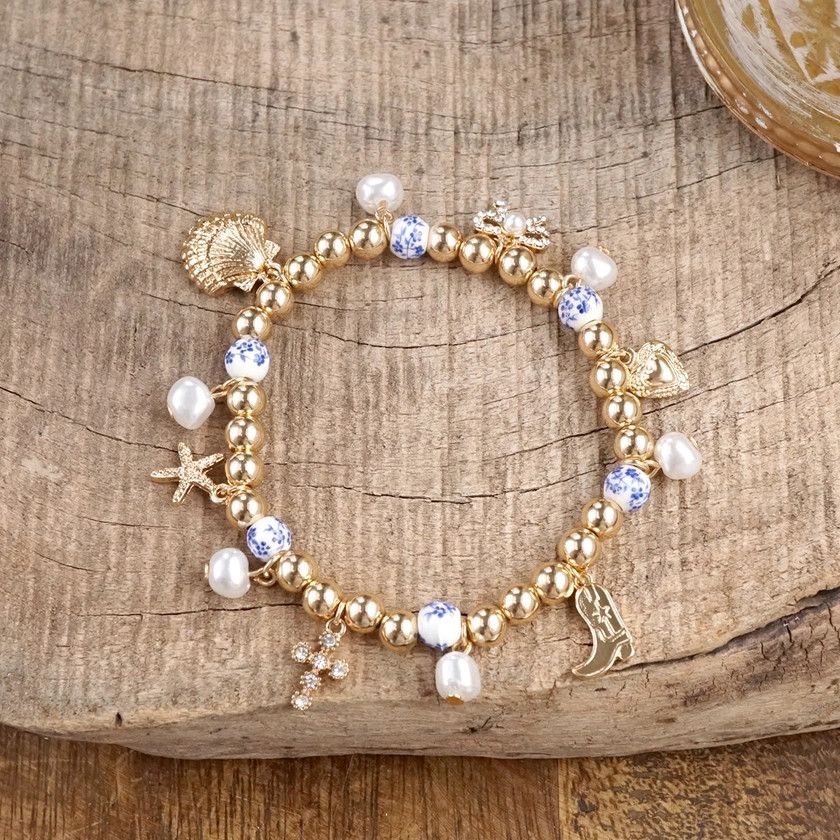 Chinoiserie &amp; Gold Multi-Charm Stretch Bracelet