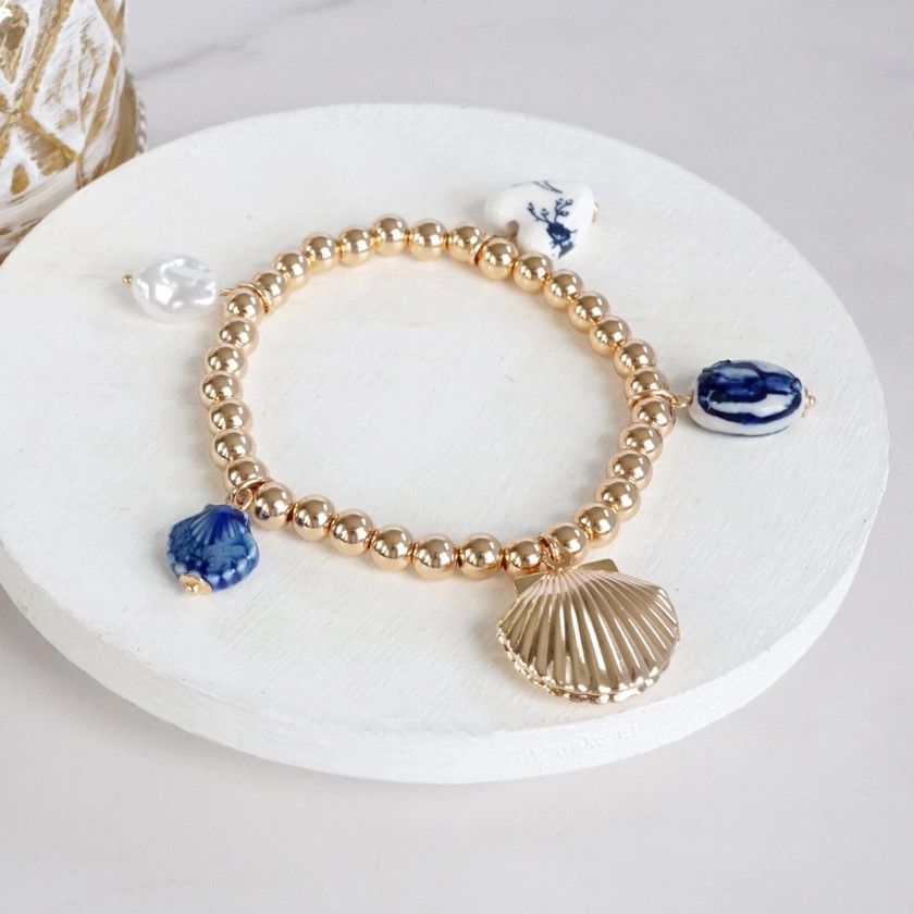 Chinoiserie &amp; Clam Shell Locket/Ball Beads/Gold/Stretchy Bracelet
