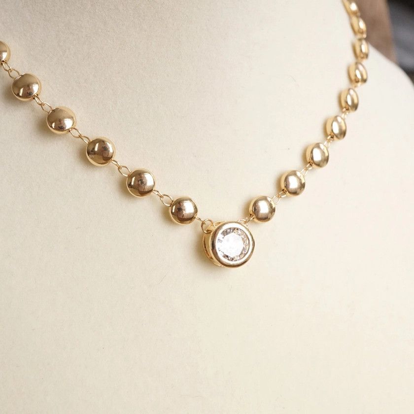 Clear Crystal Bezel Pendant Dot Chain Necklace, Color: Gold Tone
